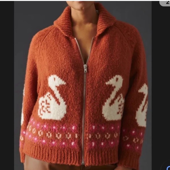 Anthropologie Sweaters - Maeve X Anthropologie zip sweater with adorable swans! Size medium petite